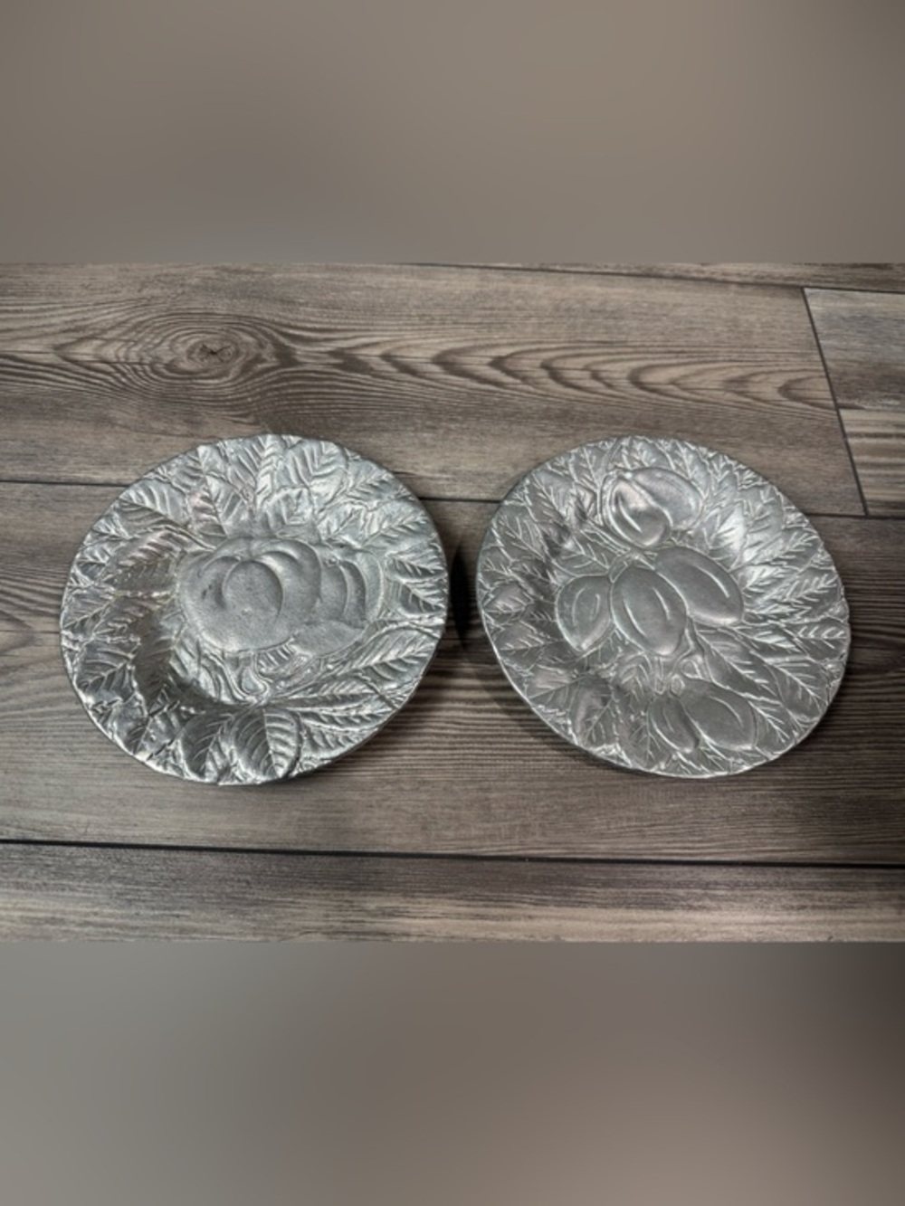 Set of 2 Vintage dinnerware pewter plates, fruit motif | 7.5”